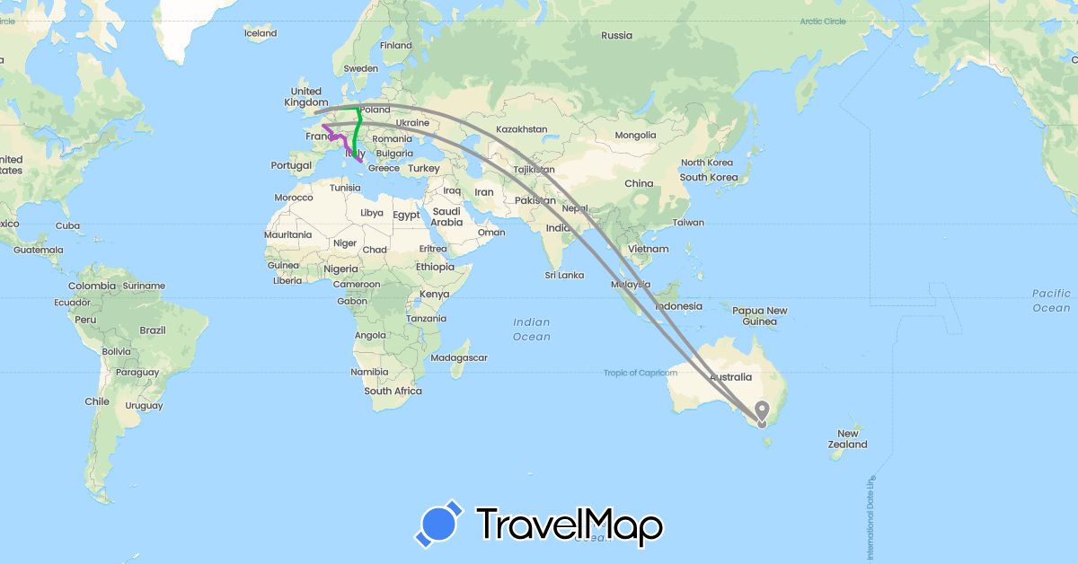 TravelMap itinerary: bus, plane, train, boat in Austria, Australia, Switzerland, Czech Republic, Germany, France, United Kingdom, Italy, Netherlands (Europe, Oceania)